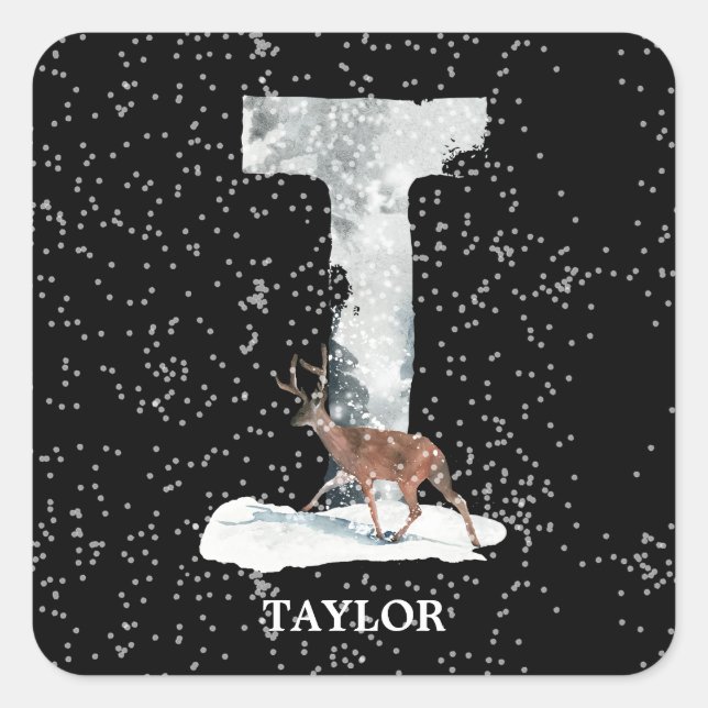 Winter Wonderland Alphabet T Monogram | Reindeer Square Sticker (Front)