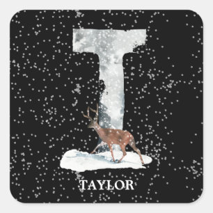 Winter Wonderland Alphabet T Monogram Reindeer Square Sticker