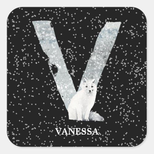 Winter Wonderland Alphabet V Monogram  Snow Wolf Square Sticker