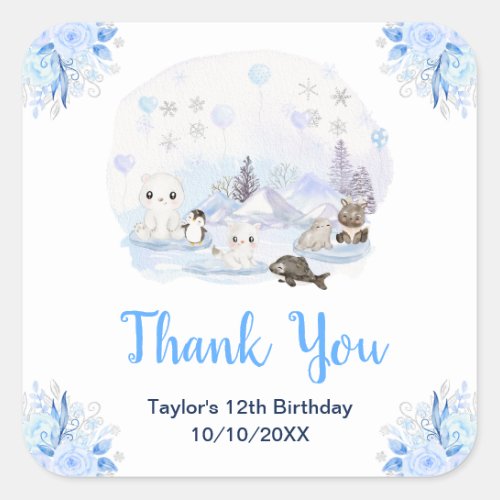 Winter Wonderland Animals Birthday Party Thank You Square Sticker
