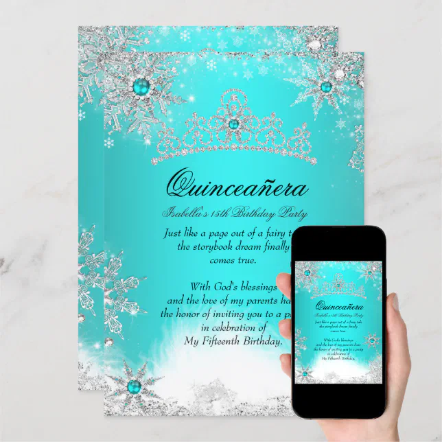 Winter Wonderland Aqua Blue Quinceanera Party Invitation | Zazzle