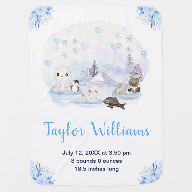 Winter Wonderland Arctic Animals Birth Statistics Baby Blanket (Front)