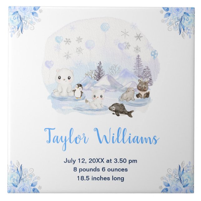 Winter Wonderland Arctic Animals Birth Statistics Ceramic Tile (Front)