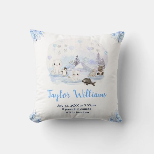 Winter Wonderland Arctic Animals Birth Statistics Throw Pillow