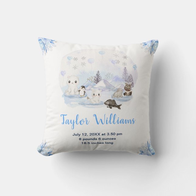 Winter Wonderland Arctic Animals Birth Statistics Throw Pillow (Front)