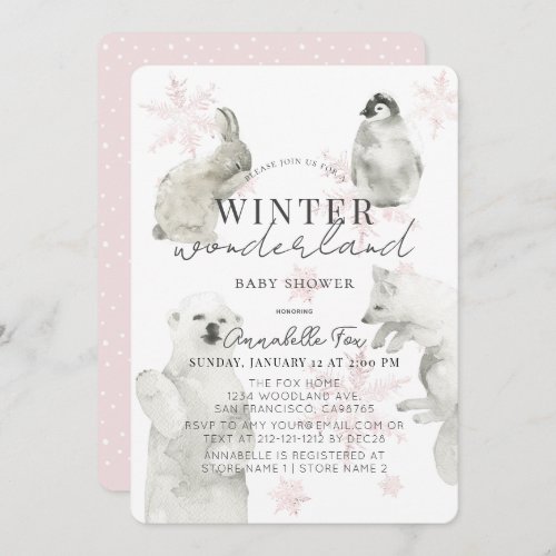 Winter Wonderland Arctic Animals Girl Baby Shower Invitation