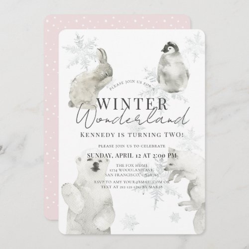 Winter Wonderland Arctic Animals Girl Birthday Invitation