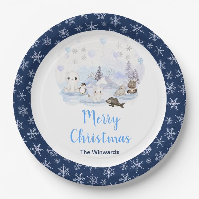Winter Wonderland Arctic Animals Merry Christmas Paper Plates (Front)