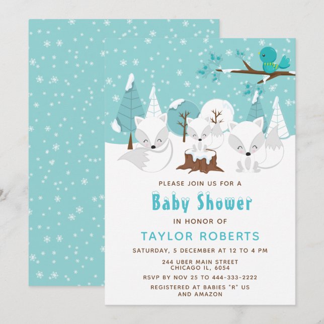 Winter Wonderland Arctic Fox Baby Shower Invitation (Front/Back)