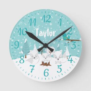 Winter Wonderland Arctic Foxes Round Clock
