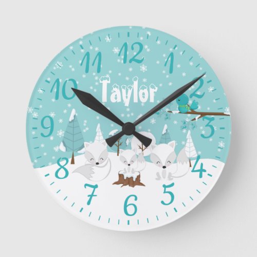 Winter Wonderland Arctic Foxes Round Clock