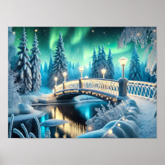 Winter Wonderland Aurora: Snowy Bridge Art Poster