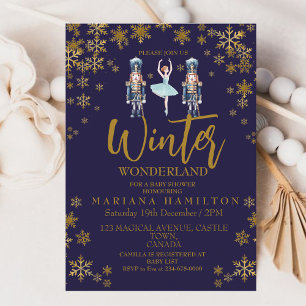 Winter Wonderland Baby Boy Shower Gold Snowflakes Invitation