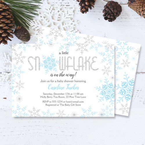 Winter Wonderland Baby Shower Blue Silver Glitter Invitation