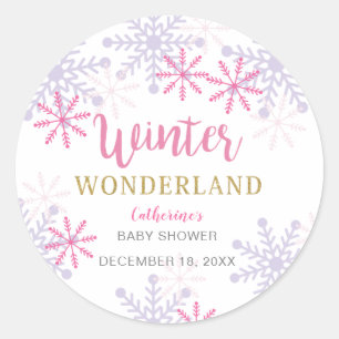 Winter Wonderland Baby Shower Snowflakes Girl Pink Classic Round Sticker