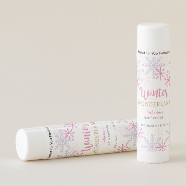 Winter Wonderland Baby Shower Snowflakes Pink Girl Lip Balm (Front)