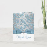 Winter Wonderland Bat Mitzvah Thank You Note Card<br><div class="desc">This elegant ice blue, silver gray floral FAUX glitter damask pattern Bat Mitzvah thank you note card has a background of assorted white snowflakes on it and a PRINTED steel blue ribbon and bow with a silver grey Star of David brooch on it that matches the Bat Mitzvah invitation shown...</div>