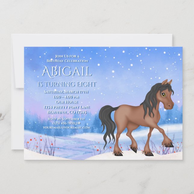 Winter Wonderland Bay Horse and Snow Birthday Invitation (Front)