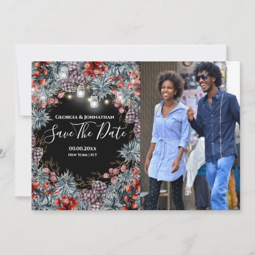 Winter wonderland berry holiday photo wreath black save the date