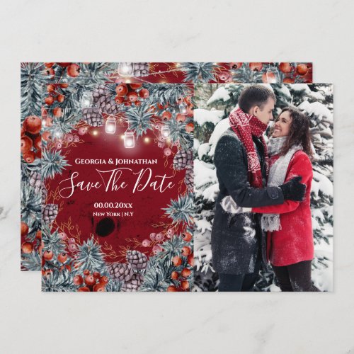 Winter wonderland berry holiday photo wreath save the date