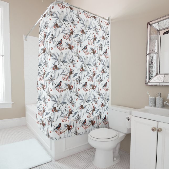 winter wonderland birds holiday shower curtain (In Situ)