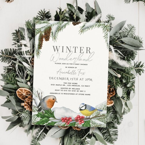 Winter Wonderland Birds & Snow Baby Shower Invitation