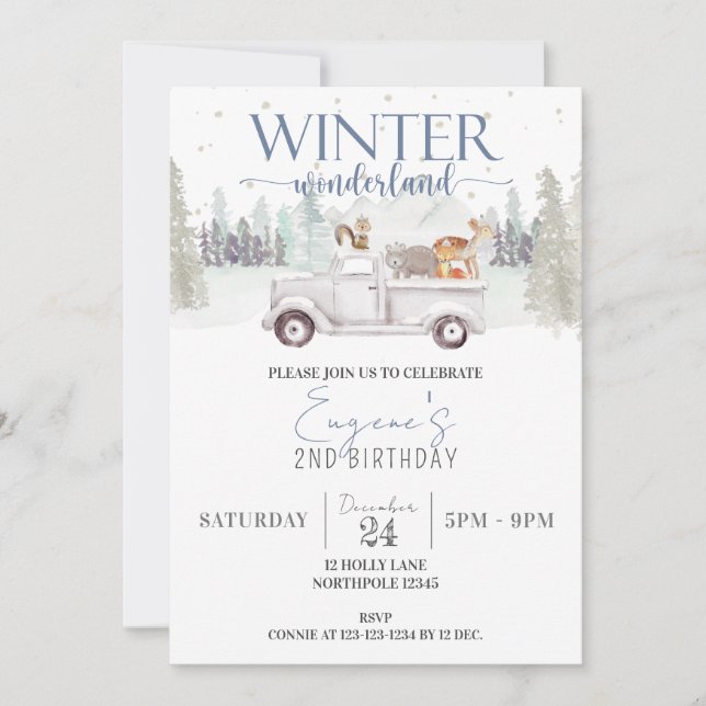 Winter Wonderland Birthday, Boy 2nd Birthday Truck Invitation (Front)