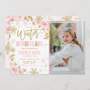 Winter Wonderland Birthday Gold Pink Snowflake Invitation