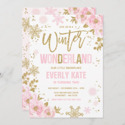 Winter Wonderland Birthday Gold Pink Snowflake Invitation