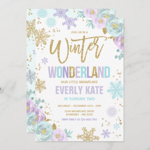 Winter Wonderland Birthday Gold Purple Snowflake Invitation