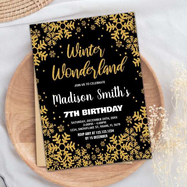 Winter Wonderland Birthday Invitations Black Gold (Winter Wonderland Birthday Invitations Black Gold)