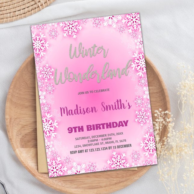 Winter Wonderland Birthday Invitations Pink Snow (Winter Wonderland Birthday Invitations Pink Snow)