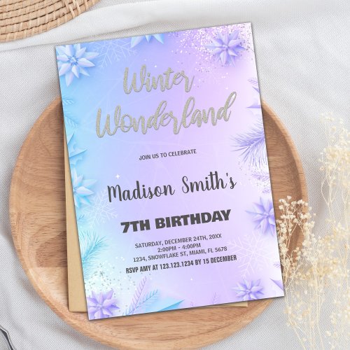 Winter Wonderland Birthday Invitations Purple