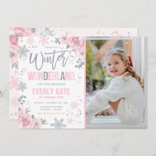 Winter Wonderland Birthday Silver Pink Snowflake Invitation