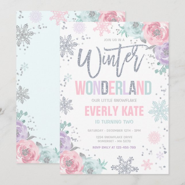 Winter Wonderland Birthday Silver Pink Snowflake Invitation (Front/Back)