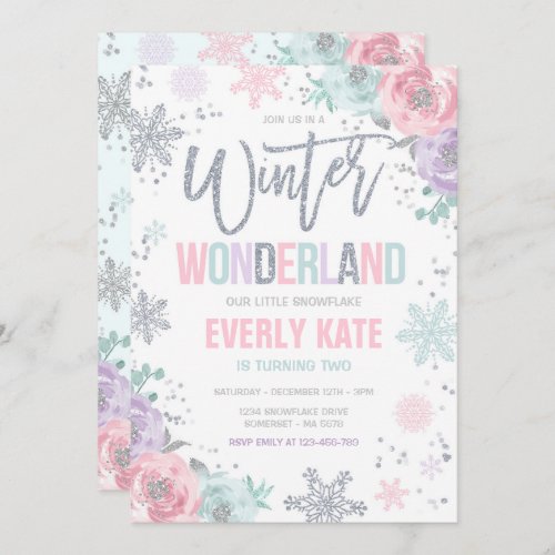 Winter Wonderland Birthday Silver Pink Snowflake Invitation