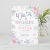 Winter Wonderland Birthday Silver Pink Snowflake Invitation (Standing Front)
