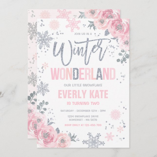 Winter Wonderland Birthday Silver Pink Snowflake Invitation (Front/Back)