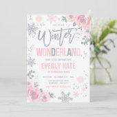 Winter Wonderland Birthday Silver Pink Snowflake Invitation (Standing Front)