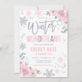 Winter Wonderland Birthday Silver Pink Snowflake Invitation (Front)