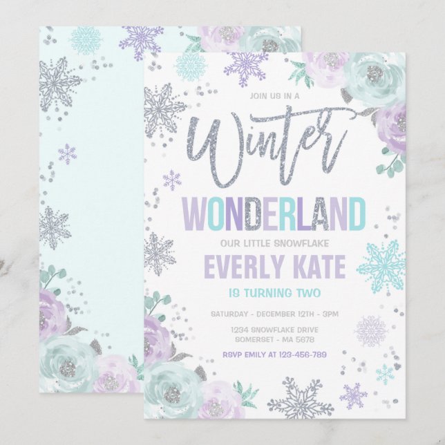 Winter Wonderland Birthday Silver Purple Snowflake Invitation (Front/Back)