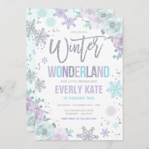 Winter Wonderland Birthday Silver Purple Snowflake Invitation