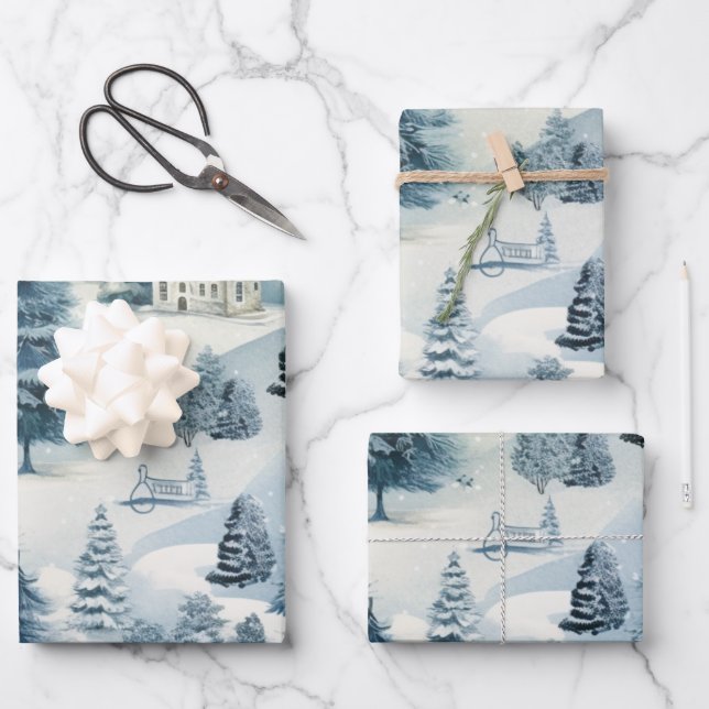 Winter Wonderland: Blue and White Christmas Tree Wrapping Paper Sheets (Front)