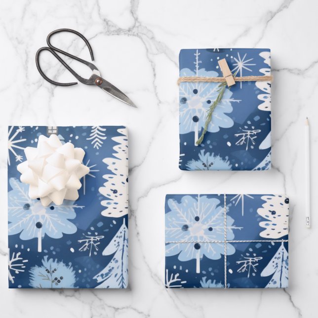 Winter Wonderland: Blue and White Christmas Tree Wrapping Paper Sheets (Front)