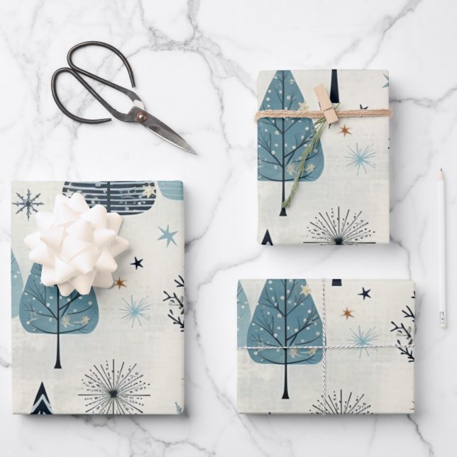 Winter Wonderland: Blue and White Christmas Tree Wrapping Paper Sheets (Front)