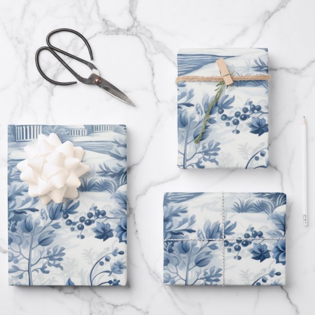 Winter Wonderland: Blue and White Christmas Tree Wrapping Paper Sheets (Front)