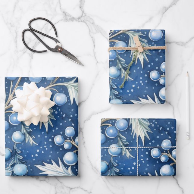Winter Wonderland: Blue and White Christmas Tree Wrapping Paper Sheets (Front)