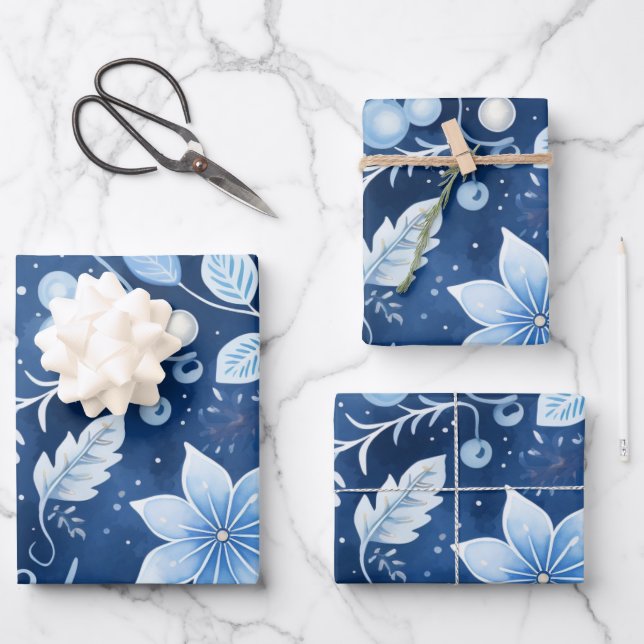 Winter Wonderland: Blue and White Christmas Tree Wrapping Paper Sheets (Front)