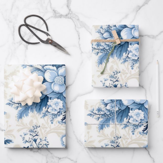 Winter Wonderland: Blue and White Christmas Tree Wrapping Paper Sheets (Front)