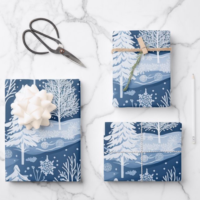Winter Wonderland: Blue and White Christmas Tree Wrapping Paper Sheets (Front)